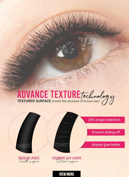 Close-up comparison of regular lashes versus textured Cashmere Silk Lashes by Maison Lashé, highlighting advanced lash extension retention, better glue absorption, and anti-slip design.