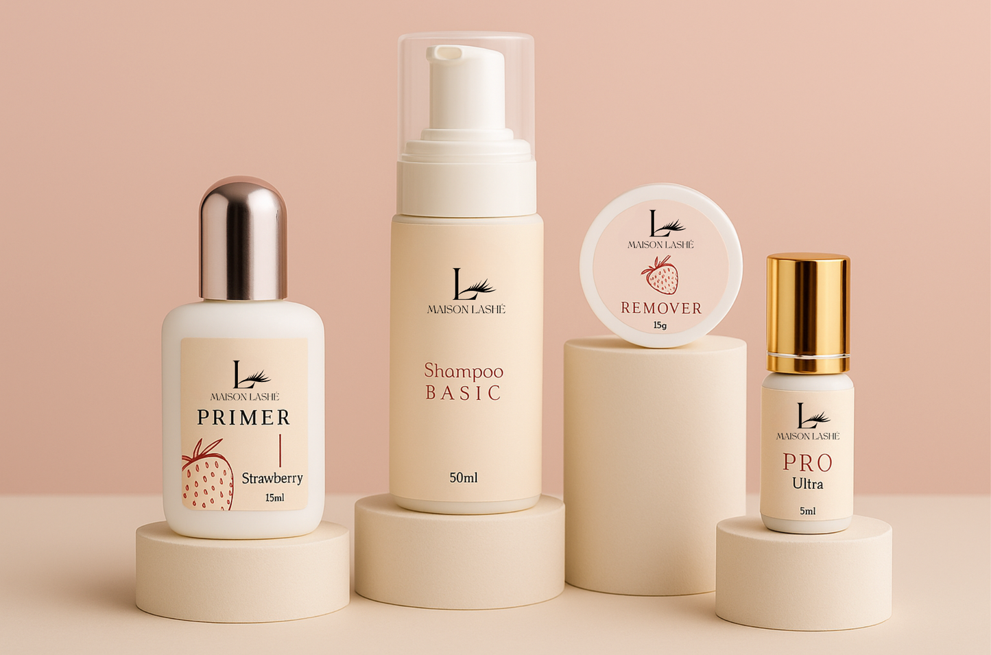 Maison Lashé Lash Pro Essentials Set showing Pro Ultra lash glue (0.5s), strawberry primer, basic shampoo, and cream remover arranged on a pastel pedestal.